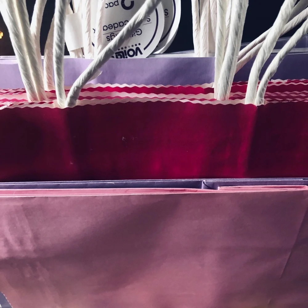 Pastel Pink Red and Lavender Gift Bag with White Twisted Handles